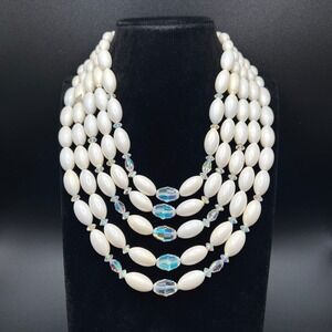Vintage Multi Strand Necklace Plastic Graduated Beads AB Crystal Bib MCM Layered